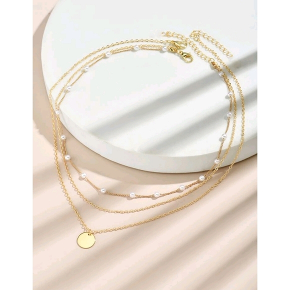 Anthropologie Kelly Minimalist Pearl Gold Pendant Layered Necklaces - Picture 4 of 5